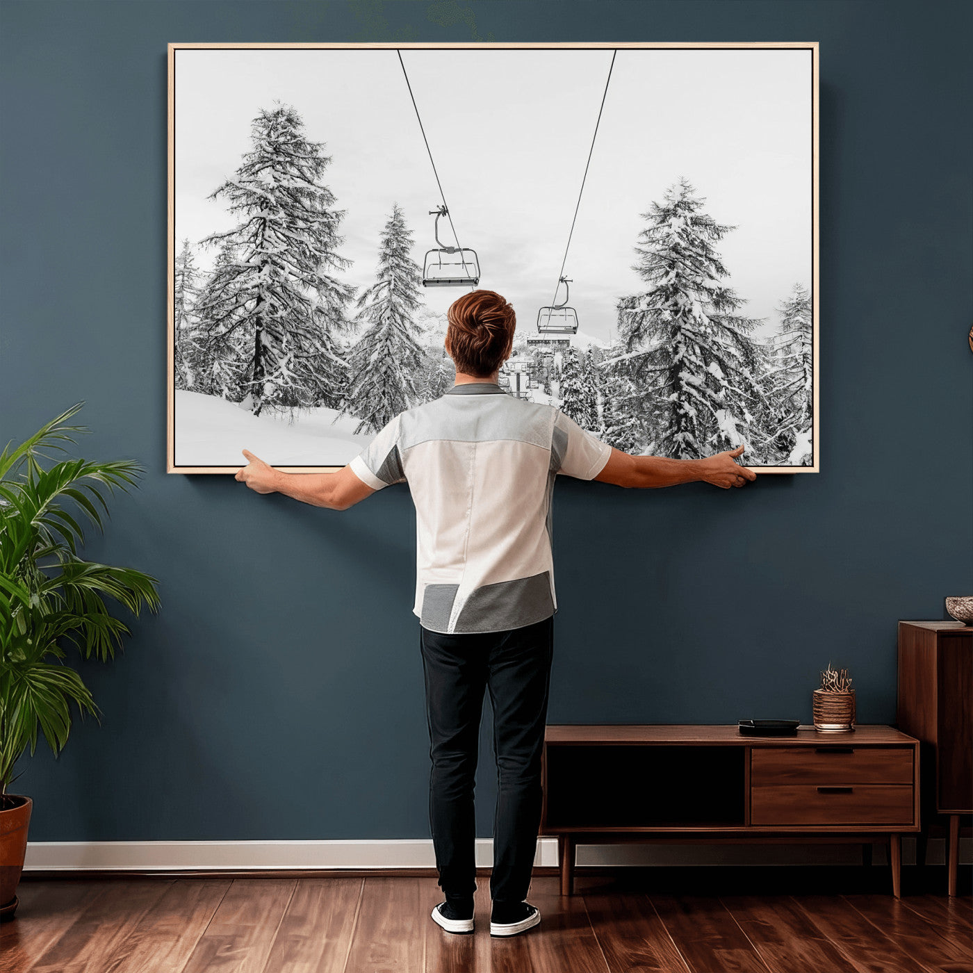 55003599-MGV-CV-36X24 - Snowy Ski Lift Wall Art – Framed Winter Forest Canvas Artwork, Peaceful Mountain Design, Modern Nature Decor for Home, Office