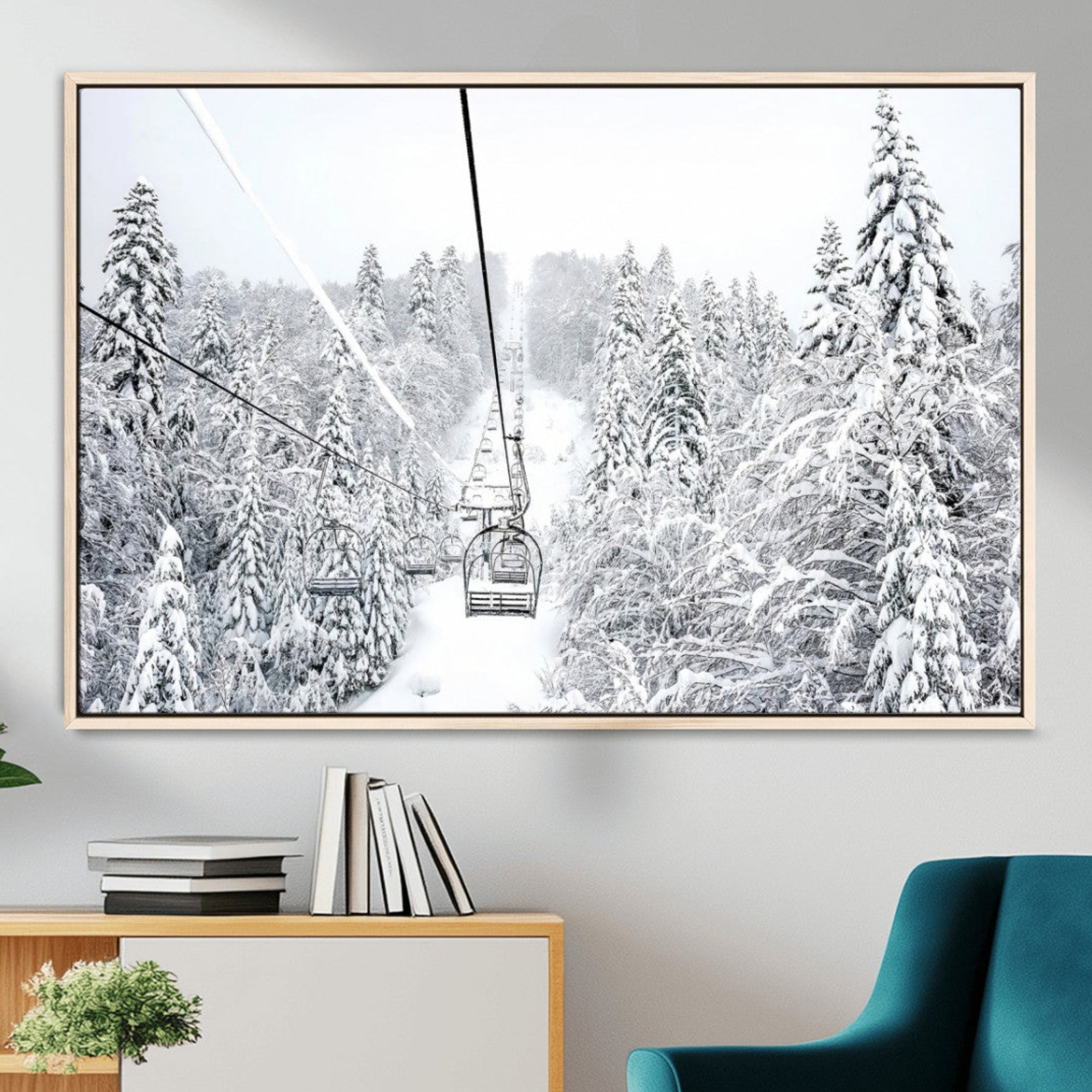 60296839-MGV-CV-36X24-Snowy Mountains Wall Art Canvas Print – Framed Ski Lift Winter Forest Alpine Landscape Nature Artwork for Home Office