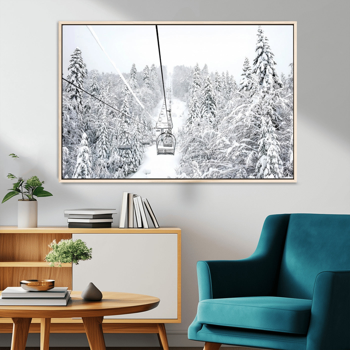 60296839-MGV-CV-36X24-Snowy Mountains Wall Art – Framed Ski Lift Canvas Artwork, Peaceful Winter Design, Rustic Forest Decor for Home, Office