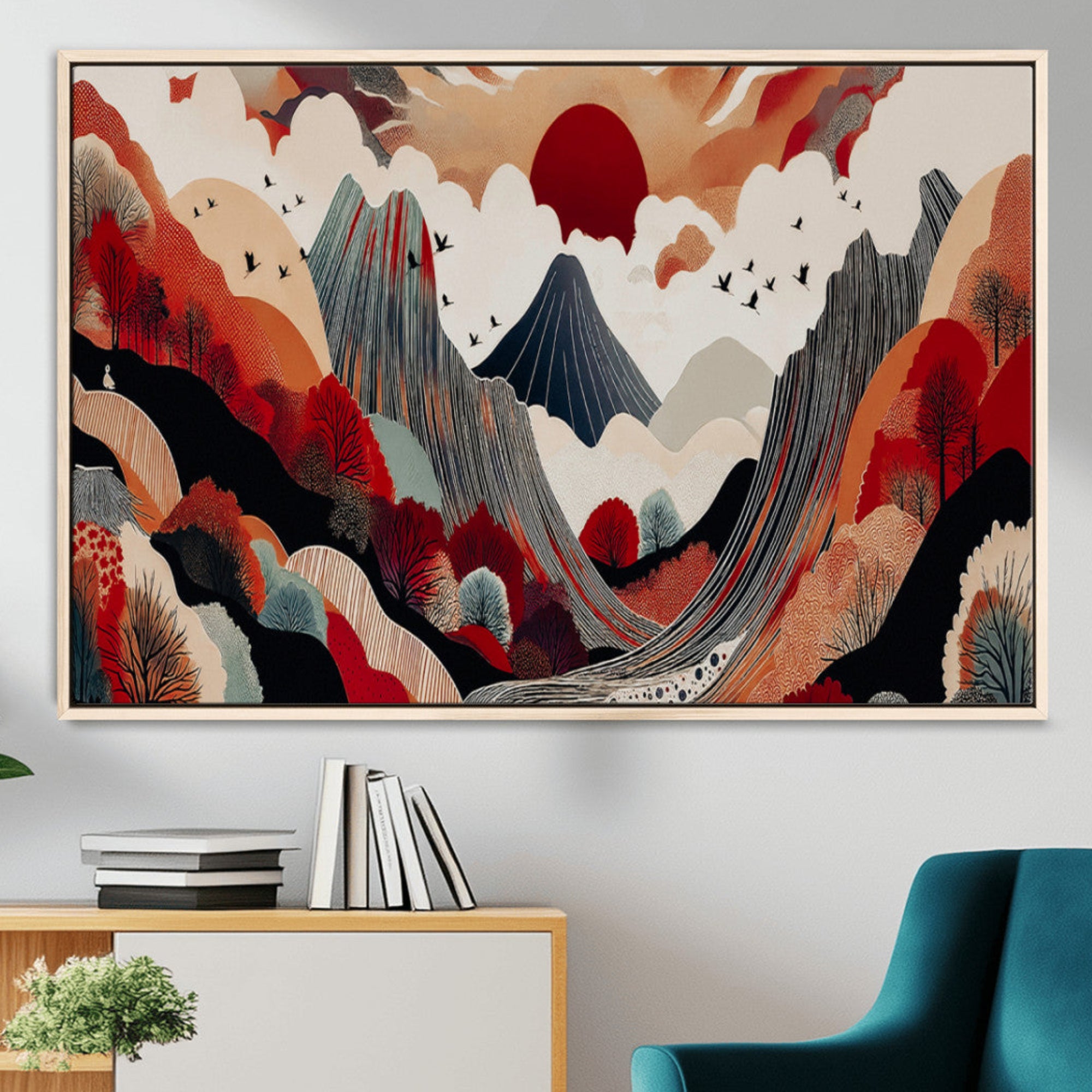 49034575-MGV-CV-36X24-Abstract Mountain Wall Art Canvas Print – Vibrant Stylized Landscape Colorful Peaks Nature Artwork for Home Office