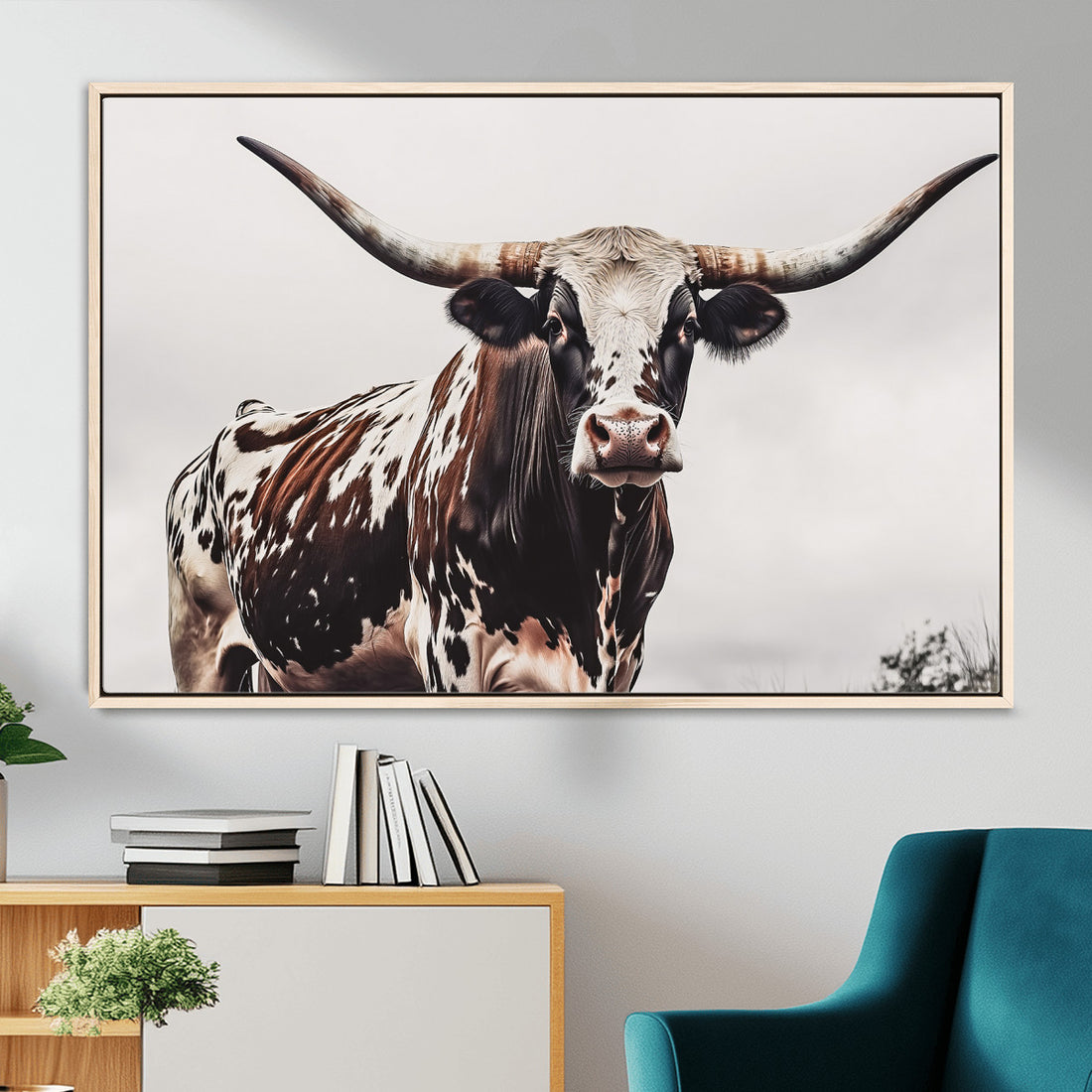 Texas Longhorn Wall Art Canvas Print, Framed Spotted Bull and Horned Cattle