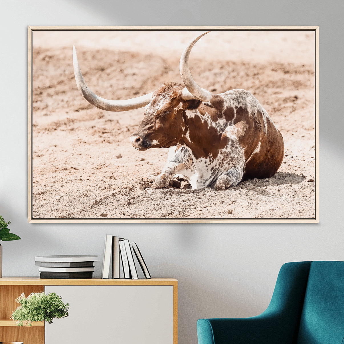 91248682-MGV-CV-36X24-Texas Longhorn Wall Art Canvas Print – Framed Resting Bull Scene with Spotted Cattle Artwork for Home, Office