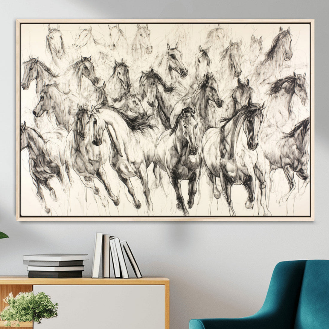 Abstract Horse Wall Art Canvas Print, Framed Horse Sketch with Galloping Herd