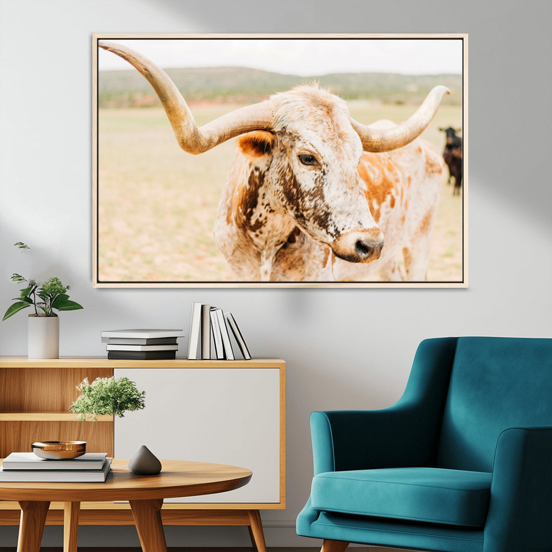 Texas Longhorn Wall Art Canvas Print, Framed Speckled Cow and Rustic Bull