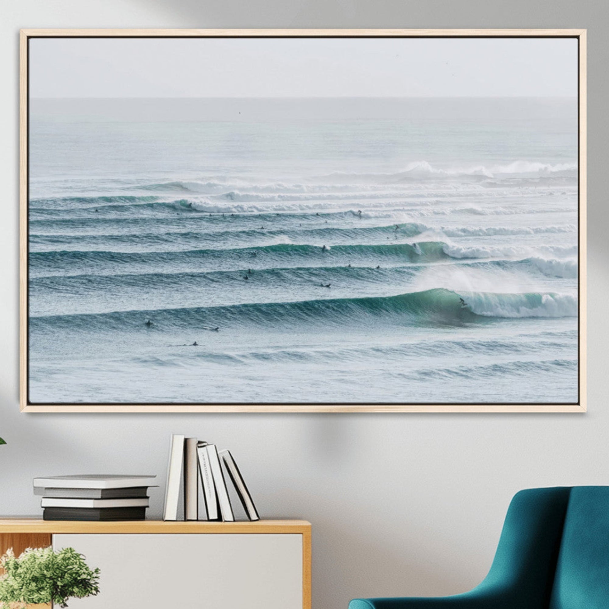 73969318-MGV-CV-36X24-Ocean Waves Wall Art Canvas Print – Framed Surfer Lineup Scene with Crowded Ocean Artwork for Home, Office