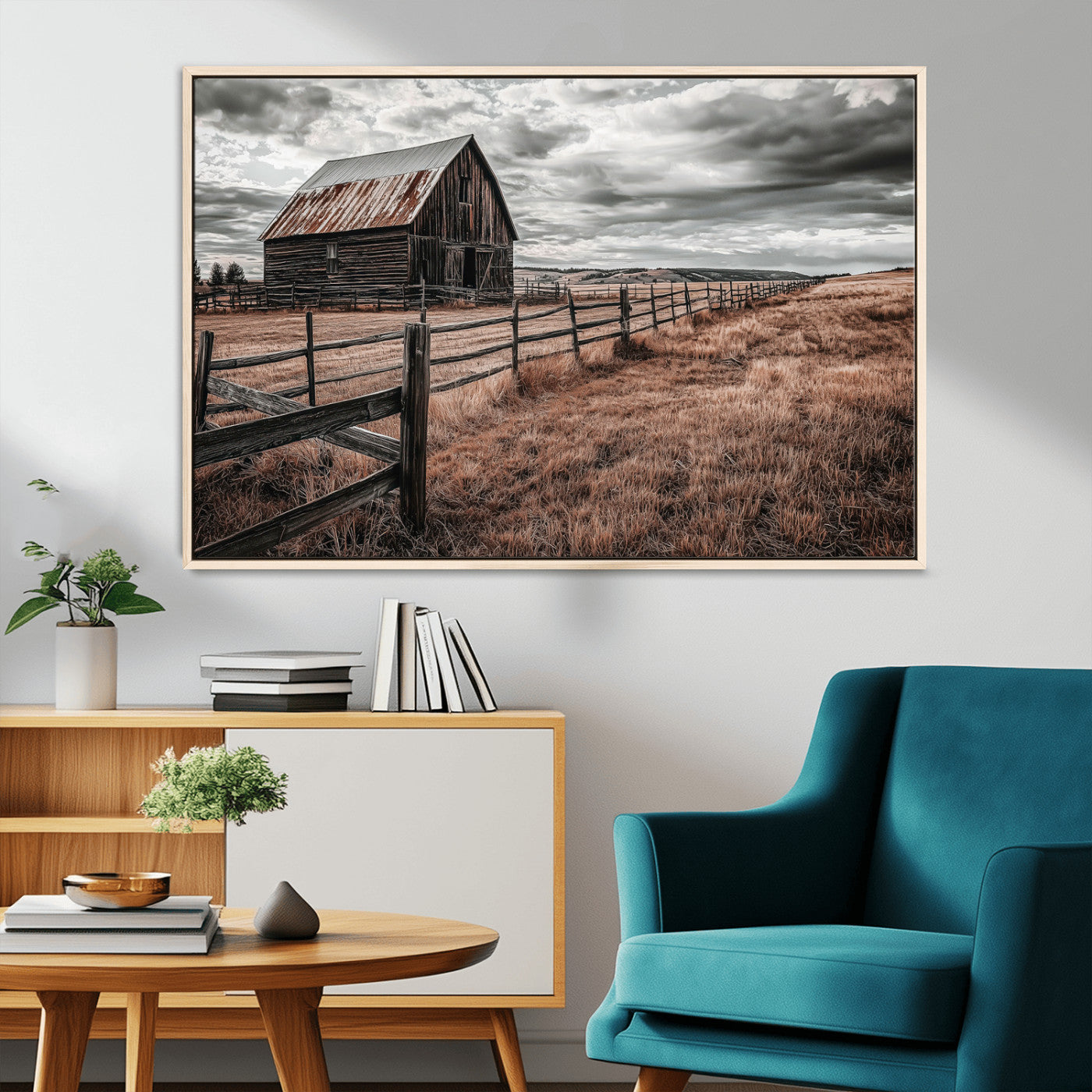 -Rustic Barn Wall Art Canvas Print – Framed Moody Field Scene with Weathered Fence Artwork for Home, Office, Living Room
