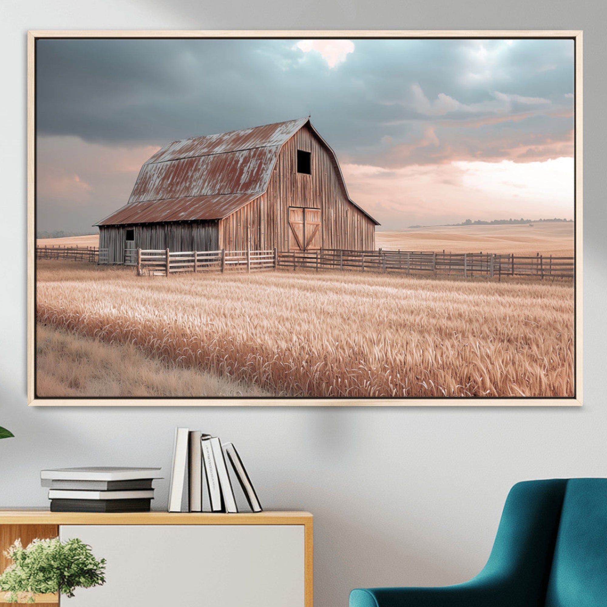 36878364-MGV-CV-36X24-Rustic Barn Wall Art Canvas Print – Framed Wheat Field Scene with Sunset Barn Artwork for Home, Office, Living Room
