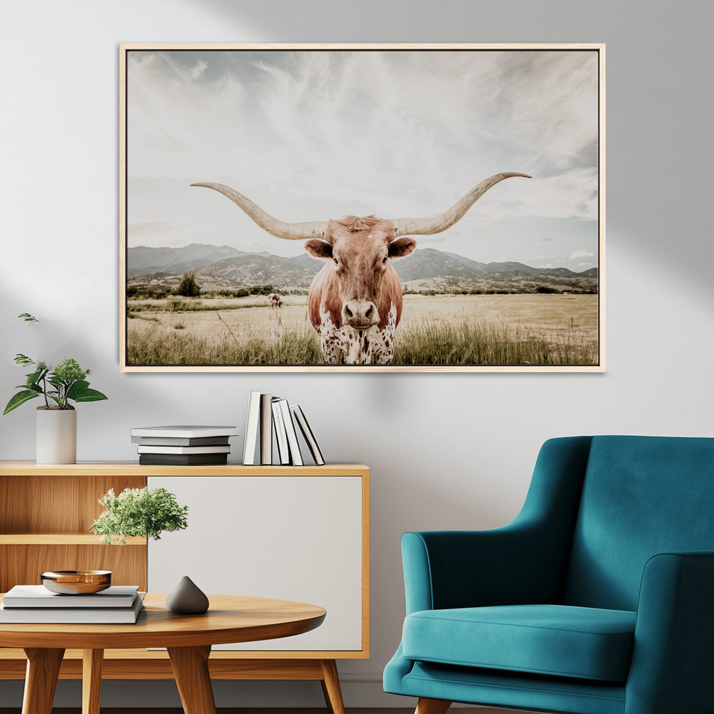 80054319-MGV-CV-36X24-Texas Longhorn Wall Art Canvas Print – Framed Western Cow Scene with Rustic Farmhouse Artwork for Home, Office