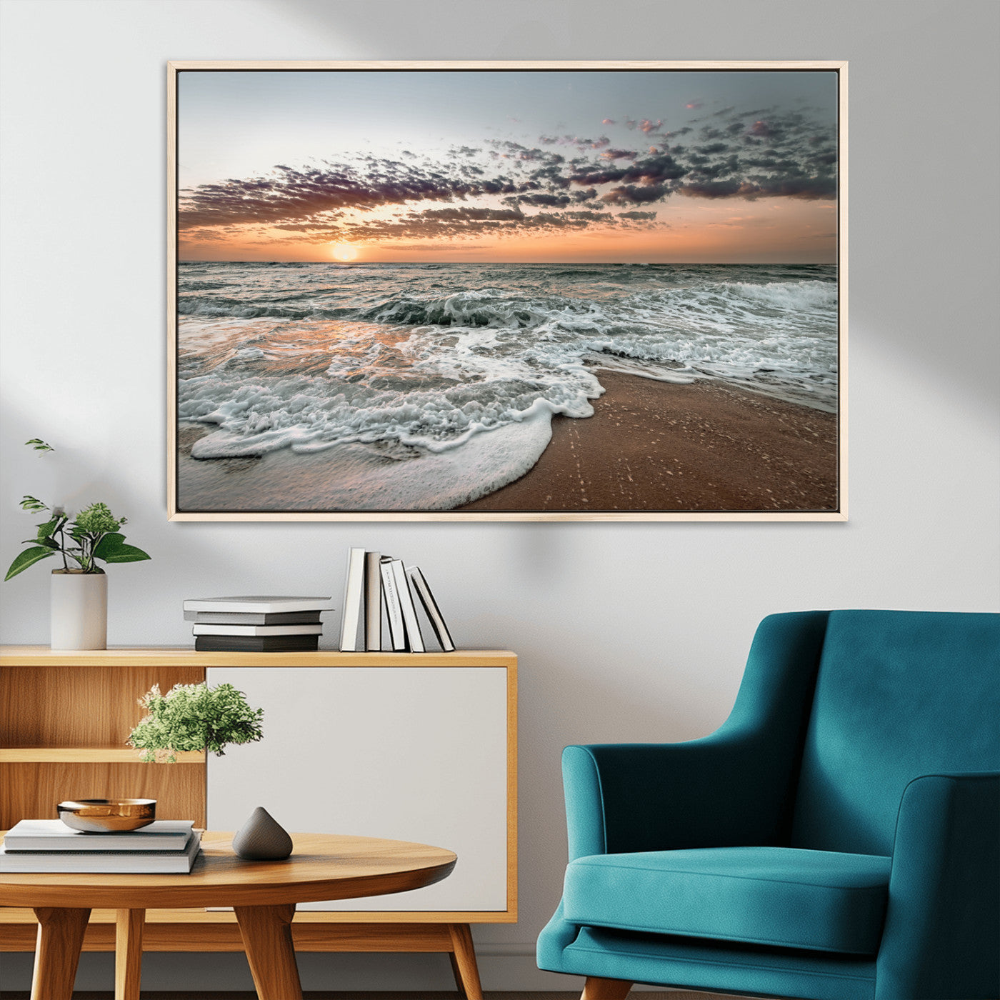 40632752-MGV-CV-36X24-Ocean Sunset Wall Art Canvas Print – Framed Beach Waves Scene with Coastal Artwork for Home, Office, Living Room