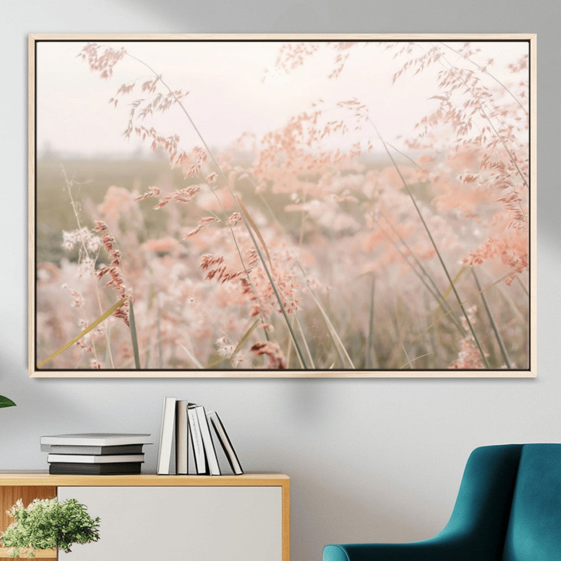 Pastel Grasses Wall Art Canvas Print, Framed Soft Pink Meadow Field in the Breeze