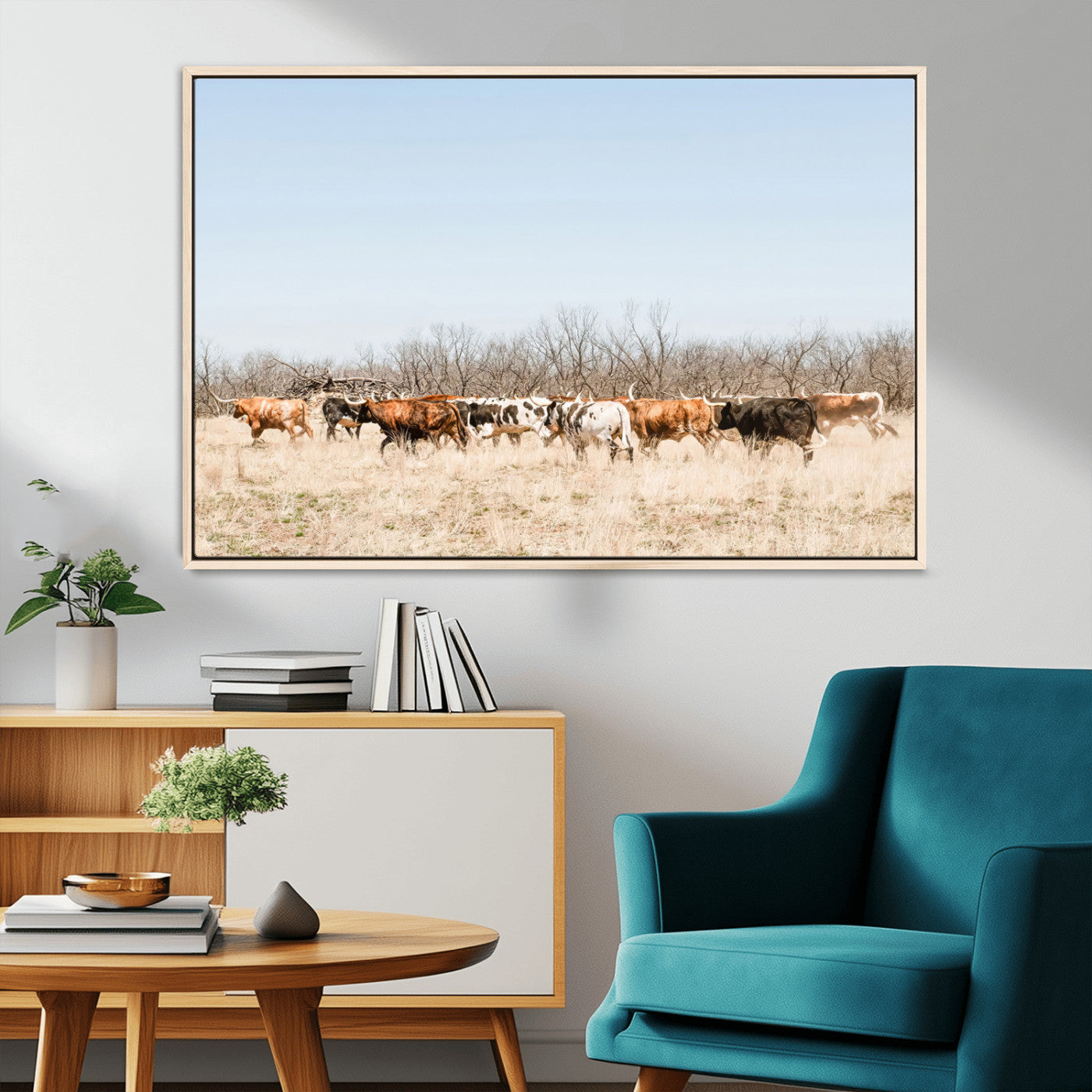 16563092-MGV-CV-36X24-Texas Longhorns Wall Art Canvas Print – Framed Western Cattle Rustic Herd Farmhouse Country Animal Artwork for Home Office