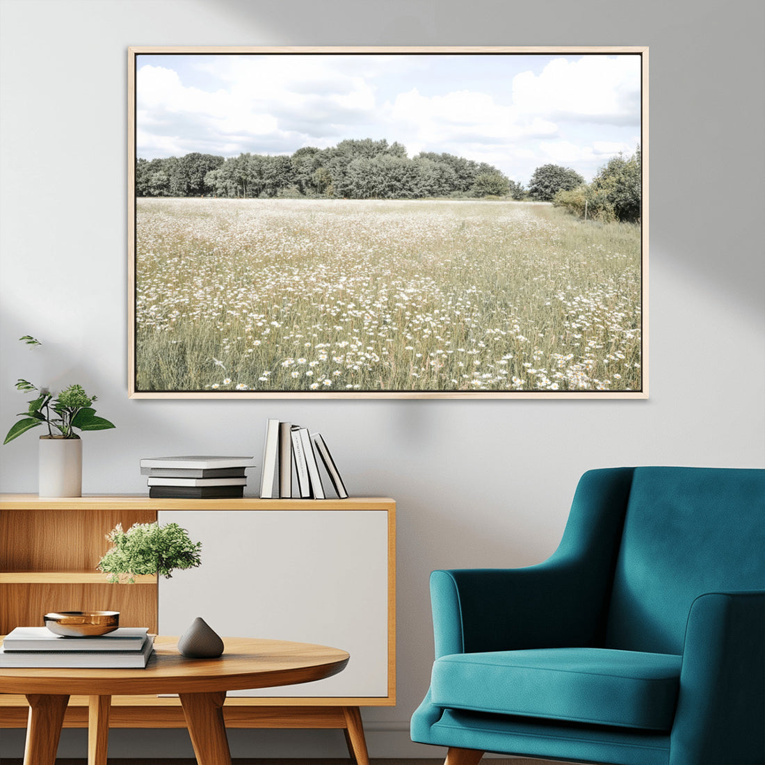 Charming Daisy Field Wall Art Canvas Print, Framed Pastel Flower Meadow Art
