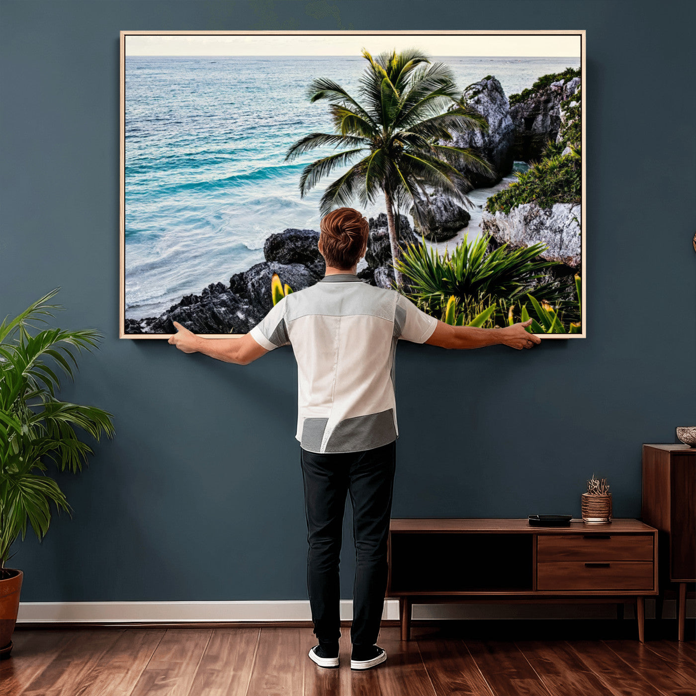 94669907-MGV-CV-36X24 - Tropical Palm Wall Art – Coastal Rocks Canvas Print, Ocean Breeze, Sandy Shore, Vibrant Green Foliage for Living Room or Beach House Decor