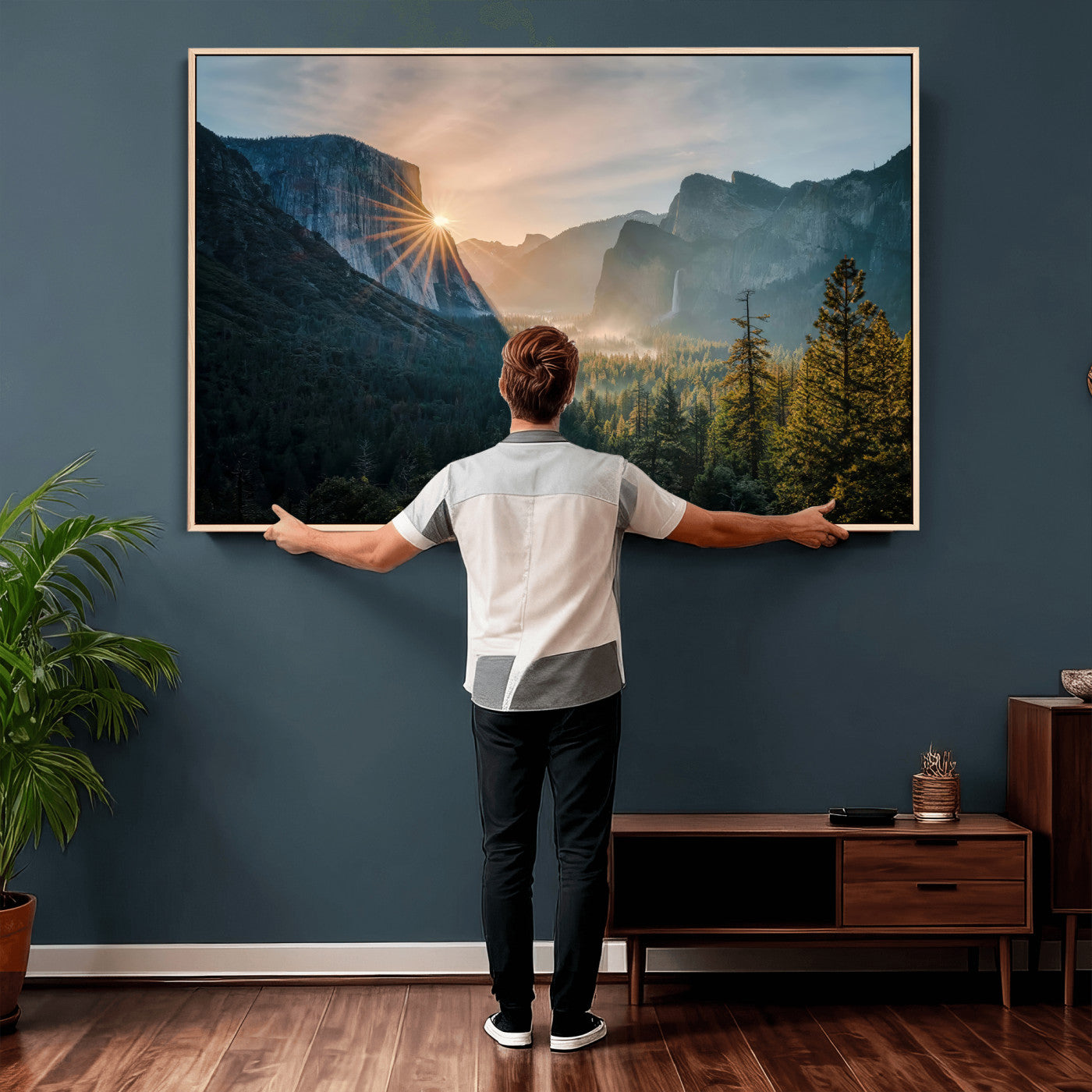 51605481-MGV-CV-36X24 - Yosemite Valley Wall Art – Misty Forest Peaks Canvas Print, Radiant Light, Tranquil Nature Landscape for Living Room or Cabin Decor