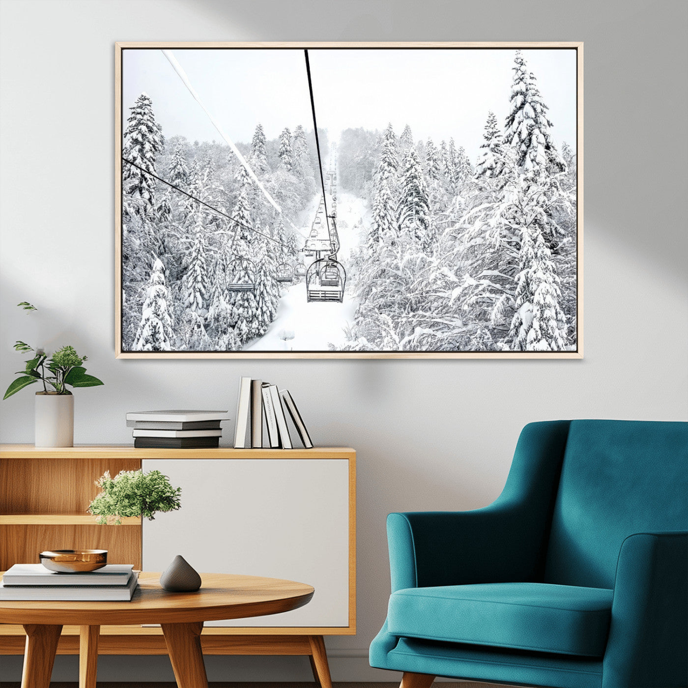 44705668-MGV-CV-36X24-Snowy Ski Lift Wall Art – Framed Winter Mountain Canvas Artwork, Serene Forest Design, Modern Nature Decor for Home, Office