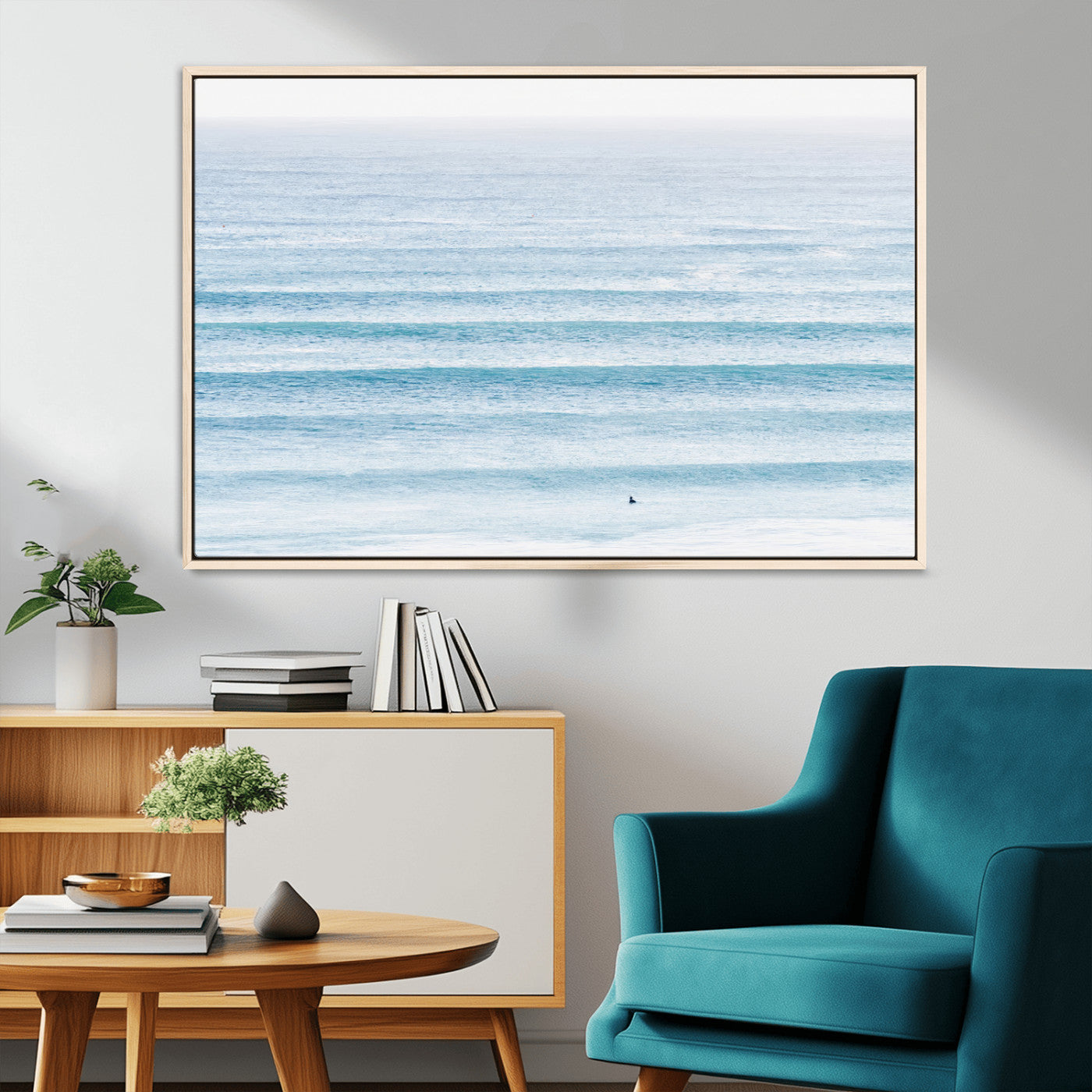 MGV-FC-36X24 - Ocean Simplicity Wall Art Canvas Print, Framed Surfer on Water Art Picture Print, Light Blue Perfect Coastal Minimalist Decor Artwork