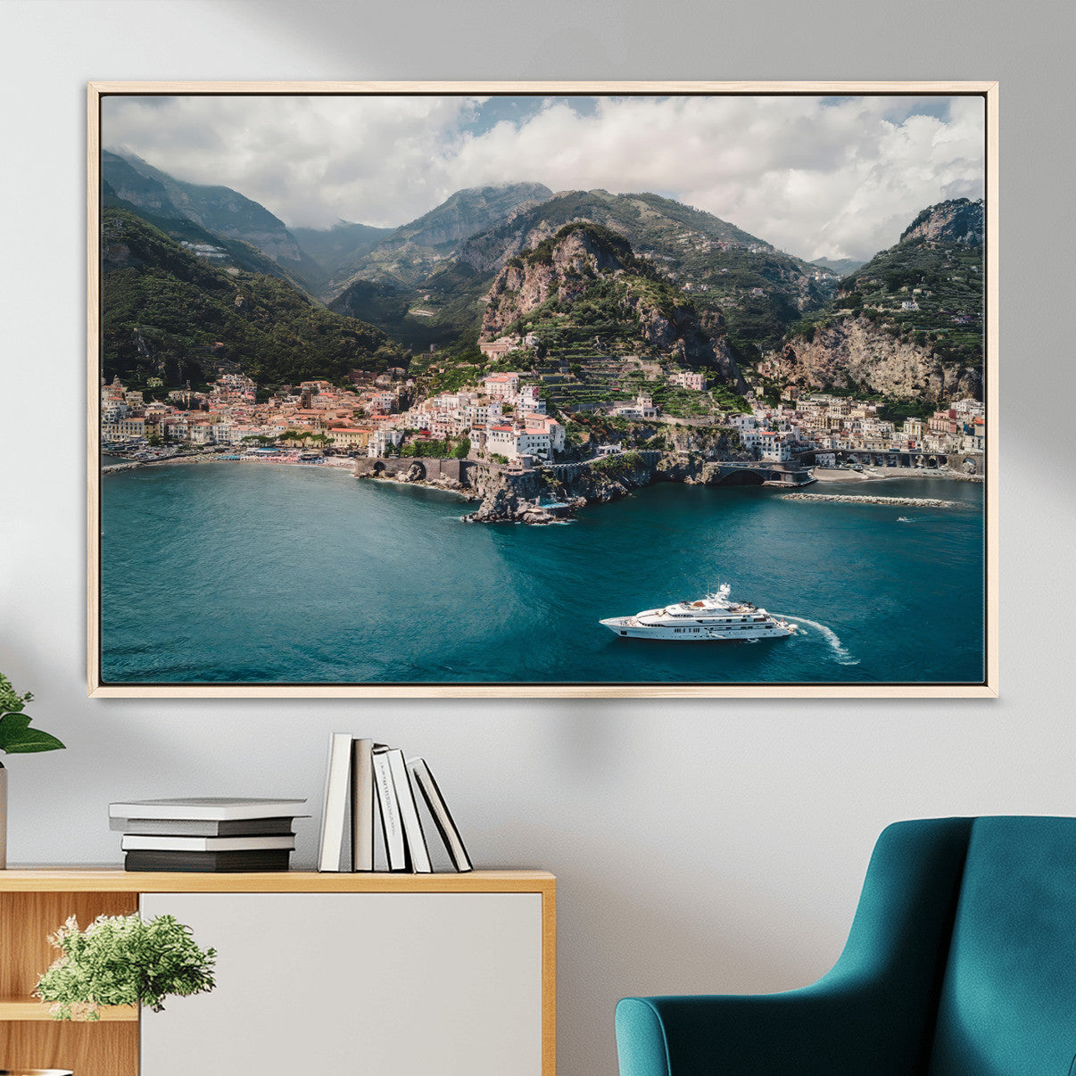 20321590-MGV-CV-36X24-Amalfi Coast Wall Art – Framed Italian Seaside Canvas Artwork, Mediterranean Landscape Design, Coastal Decor for Home, Office
