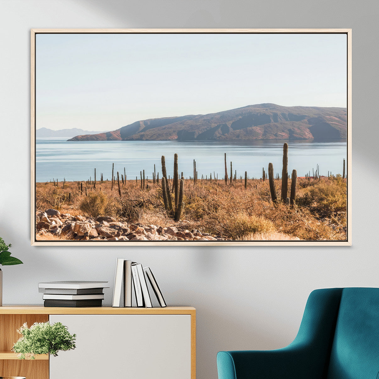 45193515-MGV-CV-36X24-Desert Lake Wall Art – Framed Cactus Mountain Canvas Artwork, Earthy Southwest Design, Rustic Nature Decor for Home, Office