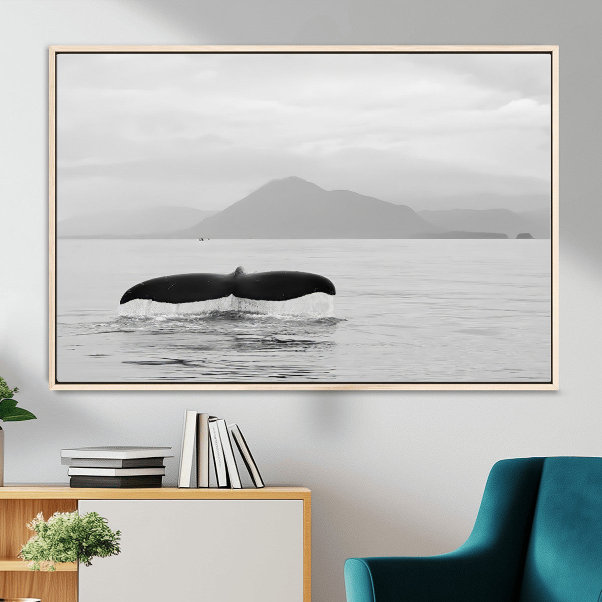 MGV-FC-36X24 - Whale Tail Wall Art Canvas Print, Framed Black White Ocean Art Picture Print, Calm Marine Perfect Minimalist Coastal Decor Artwork