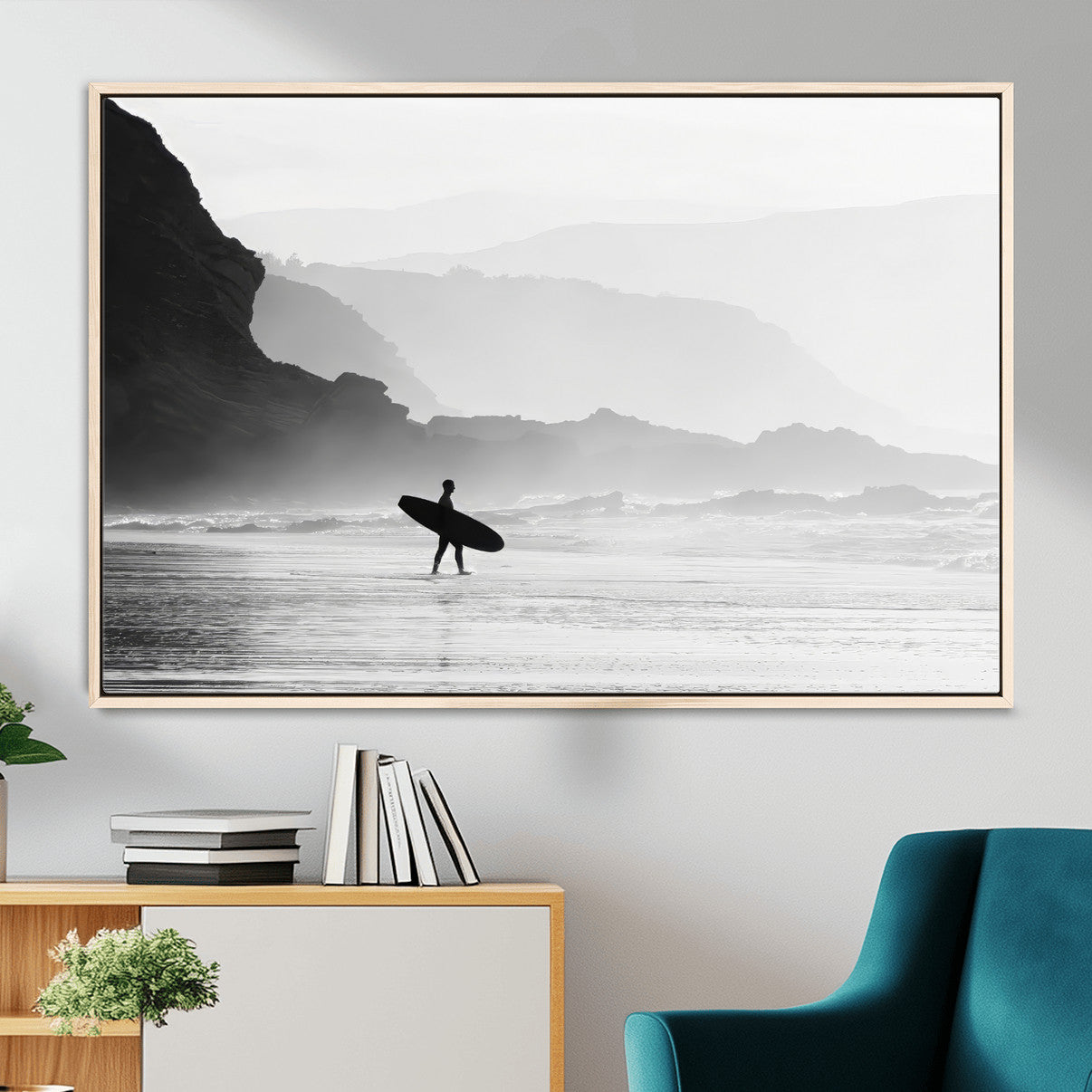 MGV-FC-36X24 - Surfer In Fog Wall Art Canvas Print, Framed Moody Shoreline Art Picture Print, Cliffside Waves Perfect Minimalist Coastal Decor Artwork