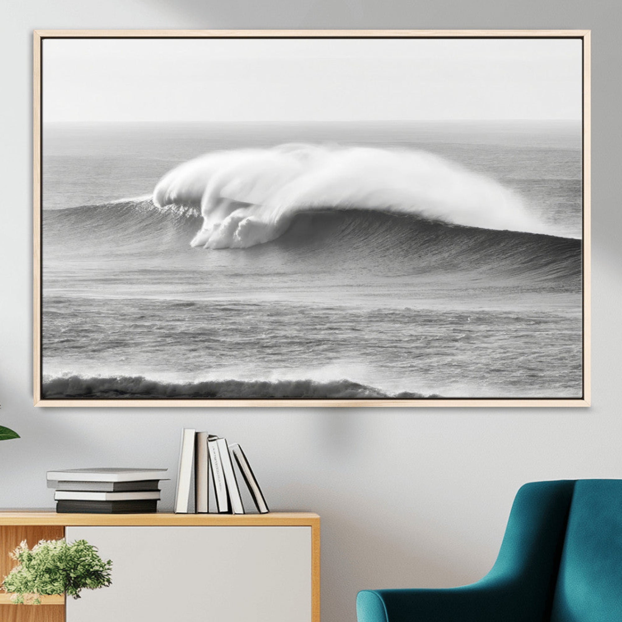 42544082-MGV-CV-36X24-Monochrome Seascape Wall Art Canvas Print – Framed Surf Wave Scene with Minimalist Ocean Artwork for Home, Office