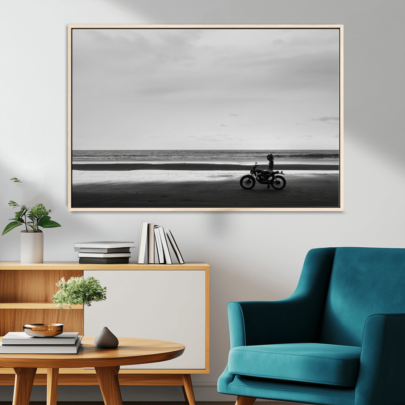 84739358-MGV-CV-36X24-Motorcycle Beach Wall Art Canvas Print – Framed Vintage Motorcycle Scene with Biker Silhouette Artwork for Home, Office