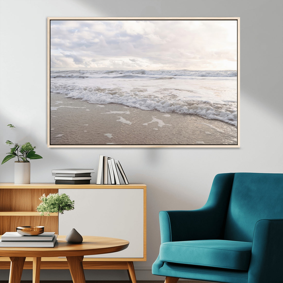 Ocean Waves Wall Art Canvas Print, Framed Coastal Shoreline and Sea Foam Scene