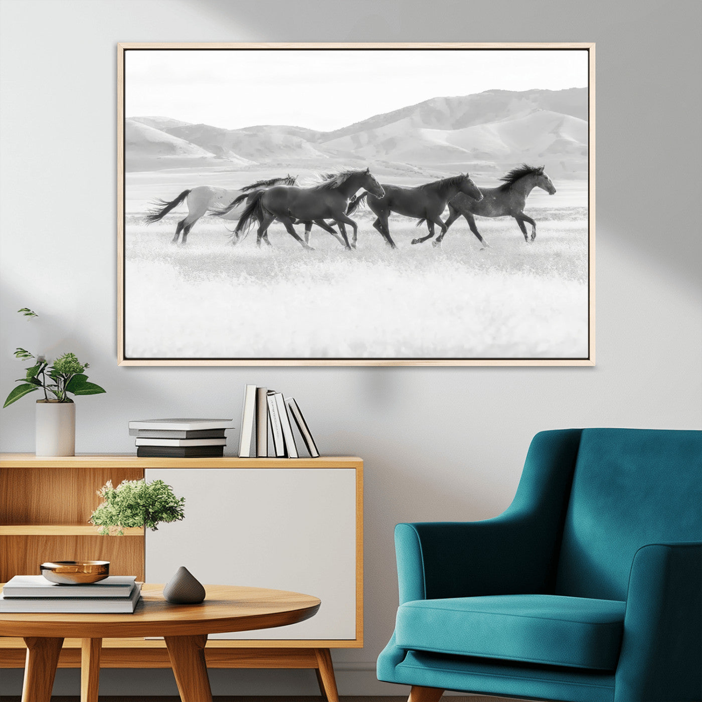 MGV-FC-36X24 - Wild Horses Wall Art – Black & White Canvas Print of Herd Running, Nature in Motion, Freedom & Beauty Decor for Guest Room, Office or Living Room