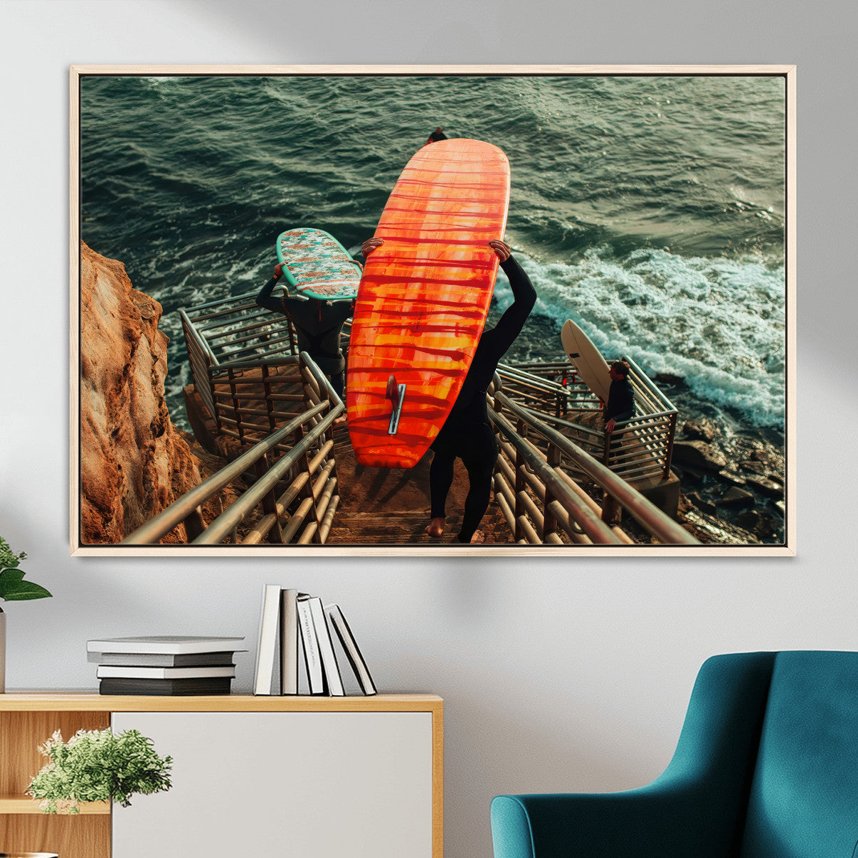 MGV-FC-36X24 - Surfer Stairway Wall Art Canvas Print, Framed Ocean Surf Art Picture Print, Sunset Coastal Perfect Coastal Adventure Decor Artwork