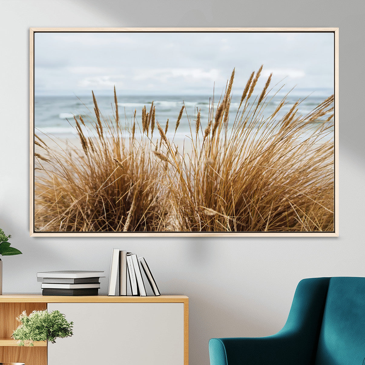 14270839-MGV-CV-36X24-Beach Grass Wall Art – Framed Coastal Dunes Canvas Artwork, Minimal Seaside Design, Modern Coastal Decor for Home, Office