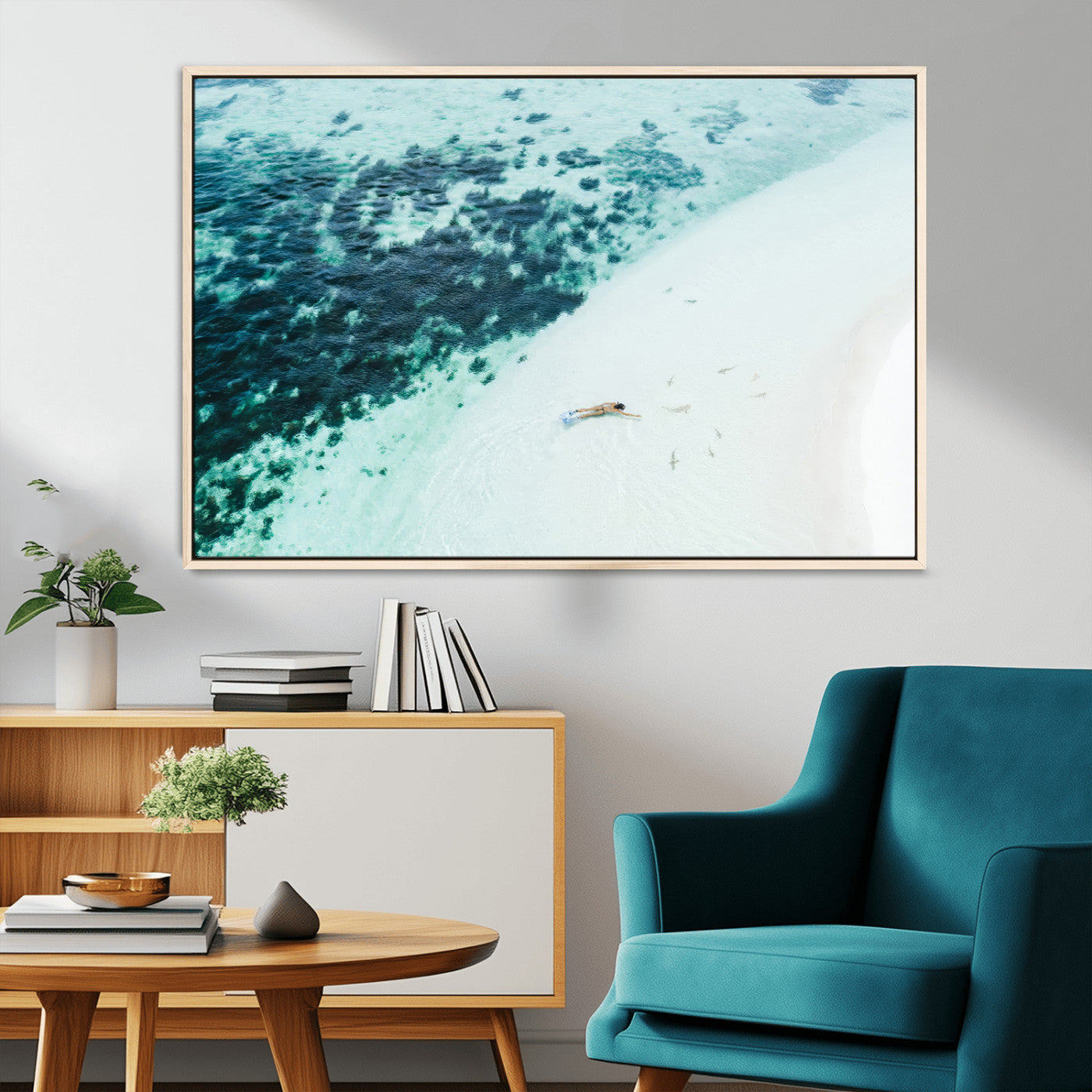33764764-MGV-CV-36X24-Minimal Beach Wall Art – Framed Ocean Swimming Canvas Artwork, Clear Blue Sea Design, Modern Coastal Decor for Home, Office