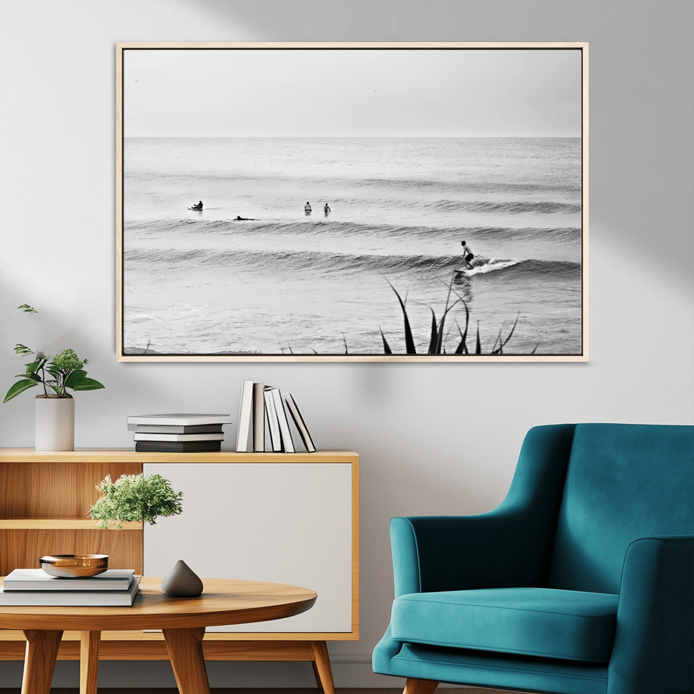 33821421-MGV-CV-36X24-Surfer Silhouette Wall Art – Framed Calm Ocean Canvas Artwork, Monochrome Minimal Design, Modern Coastal Decor for Home, Office