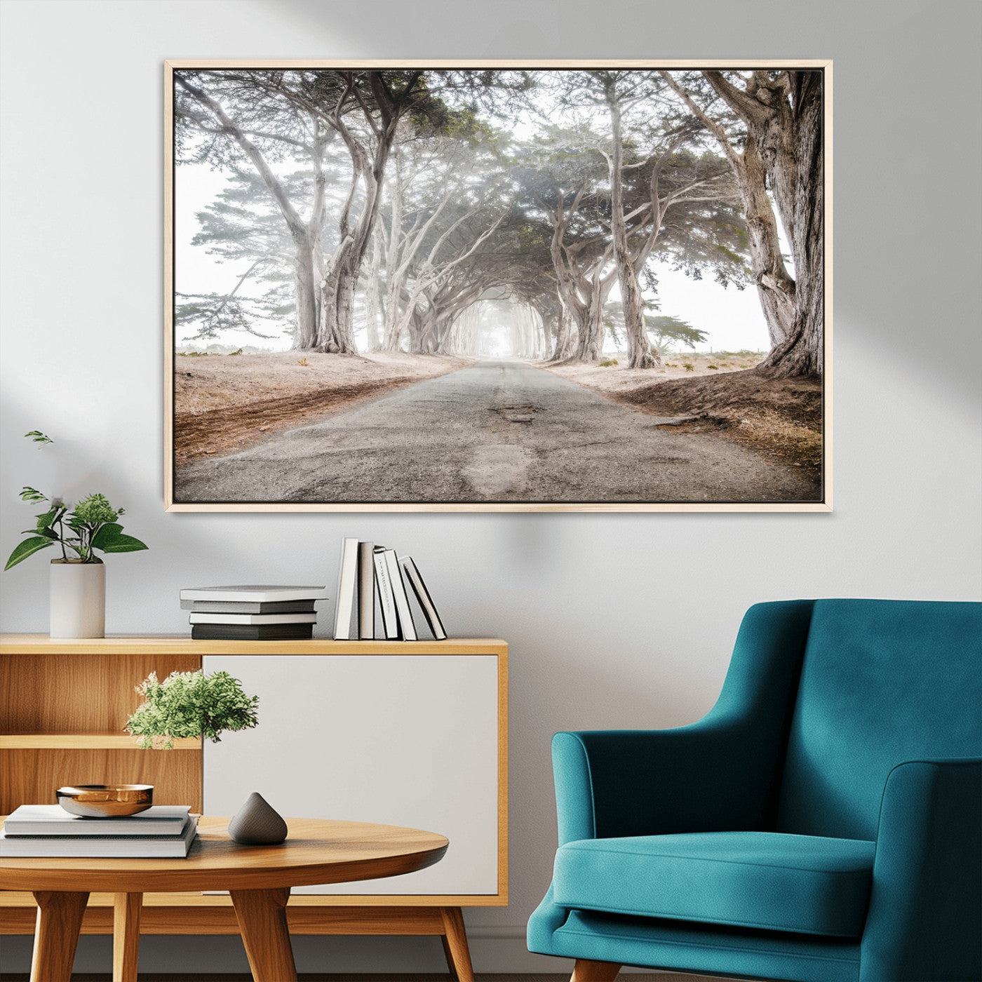 87090469-MGV-CV-36X24-Cypress Tunnel Wall Art – Framed Misty Road Canvas Artwork, Foggy Trees Design, Rustic Woodland Nature Decor for Home, Office