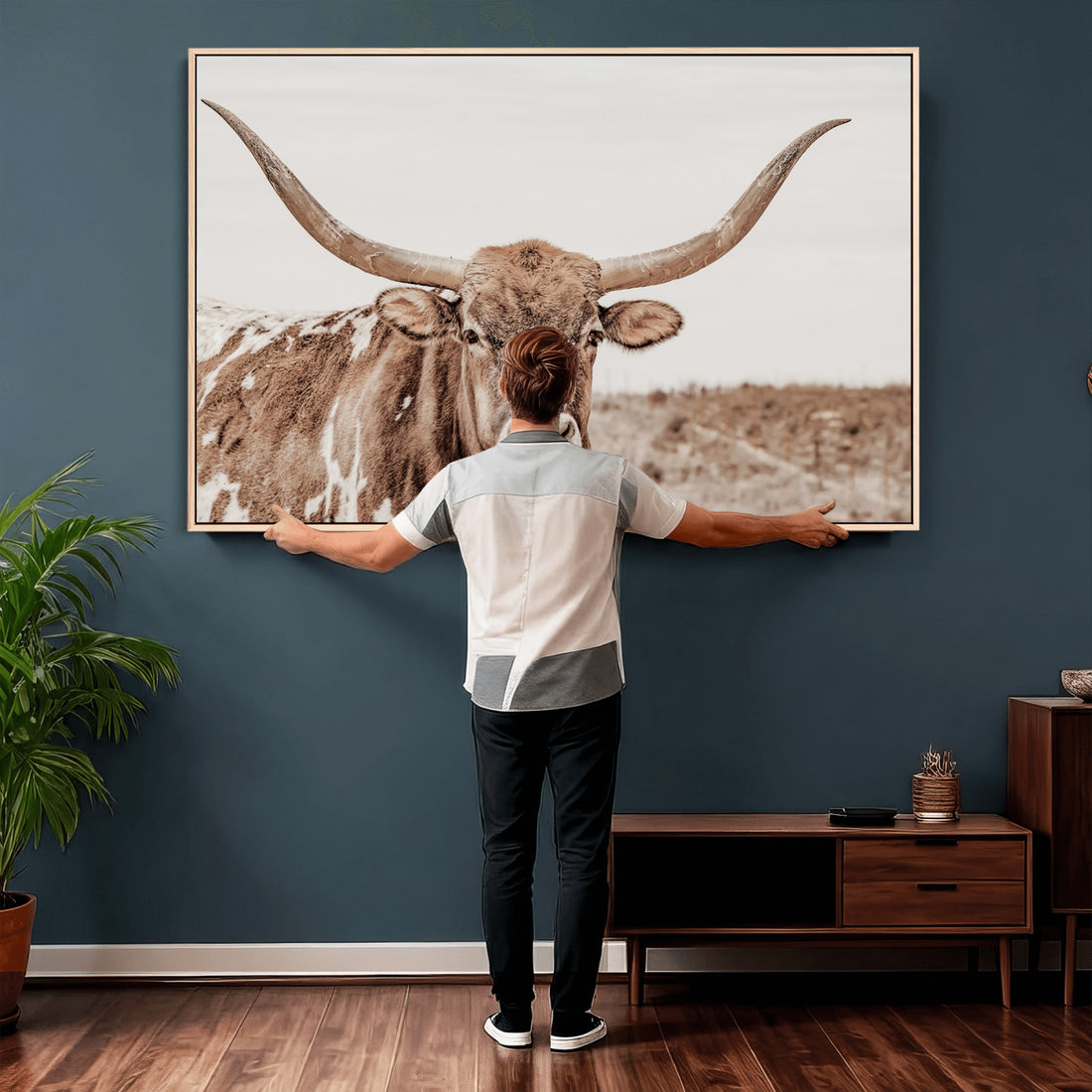 Longhorn Cow Wall Art Canvas Print, Framed Texas Ranch Print, Western Bull Art, Cowboy Decor