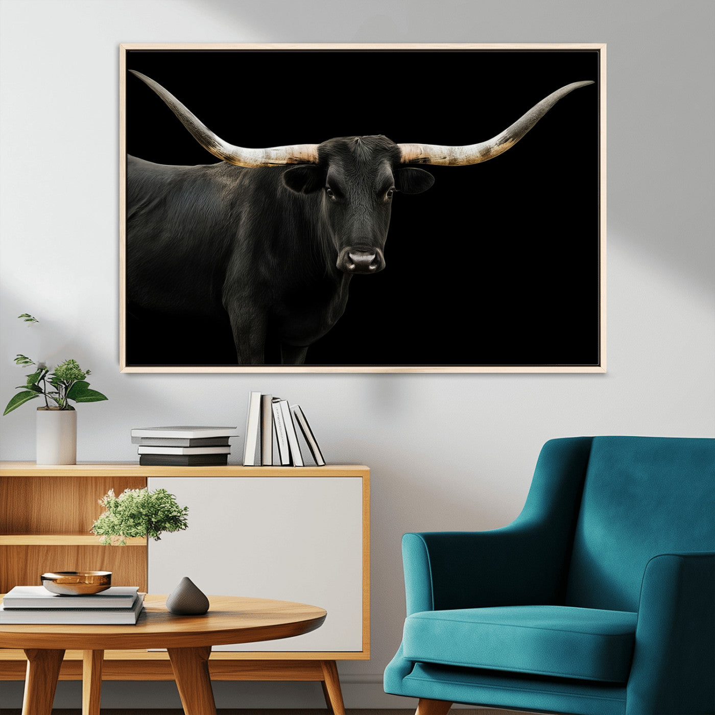 99448328-MGV-CV-36X24-Longhorn Cattle Wall Art Canvas Print – Framed Texas Ranch Scene with Western Cow Artwork for Home, Office, Living Room