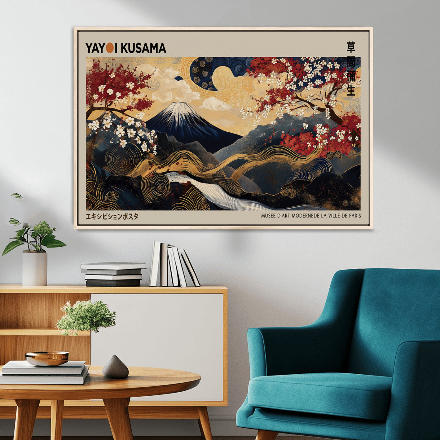 54967195-MGV-CV-36X24-Modern Japanese Wall Art Canvas Print – Framed Abstract Mount Fuji Scene with Yayoi Kusama Japanese Artwork for Home, Office