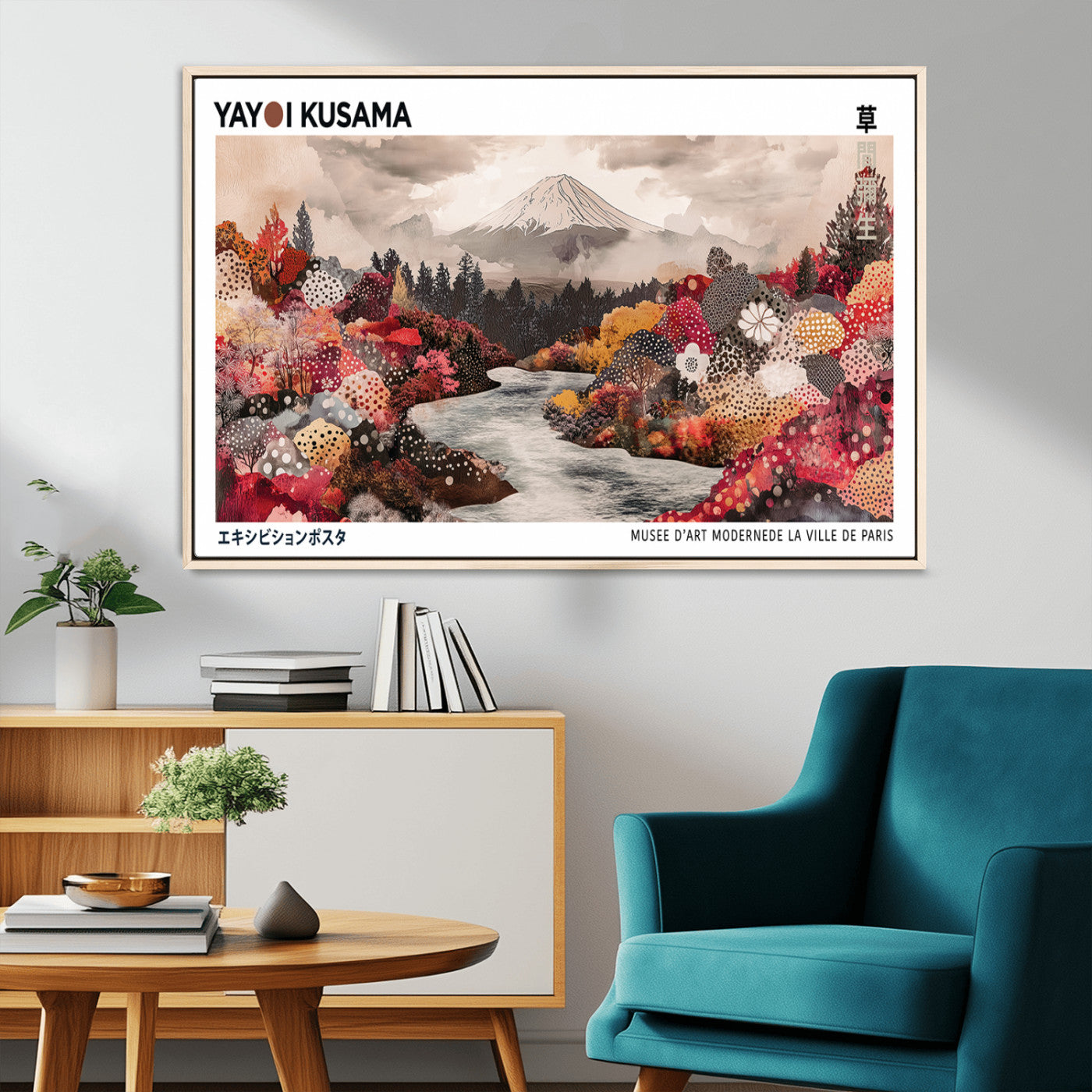 32352074-MGV-CV-36X24-Modern Japanese Wall Art Canvas Print – Framed Abstract Mount Fuji Scene with Yayoi Kusama Artwork for Home, Office
