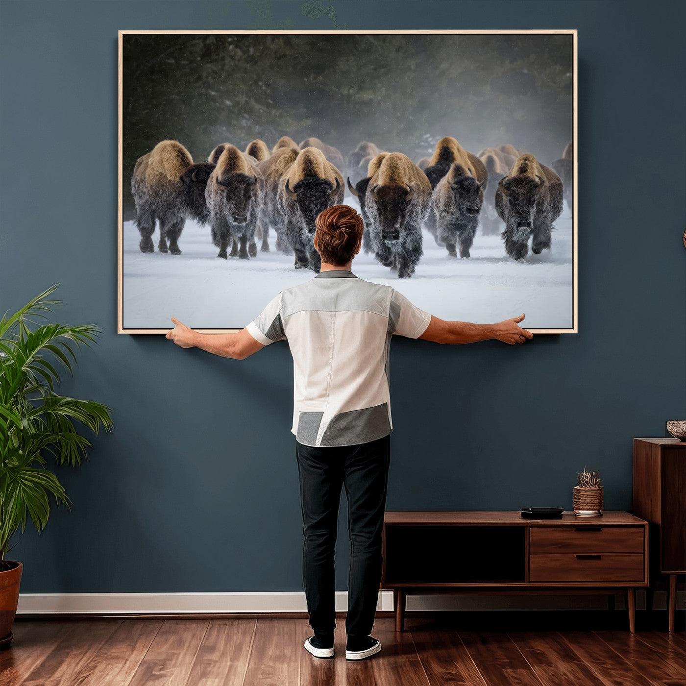 41669135-MGV-CV-36X24 - Winter Bison Herd Wall Art – Majestic Buffalo Charge Canvas Print with Snow Covered Plains, Rustic Wildlife Strength and Untamed Nature Decor for Home and Office