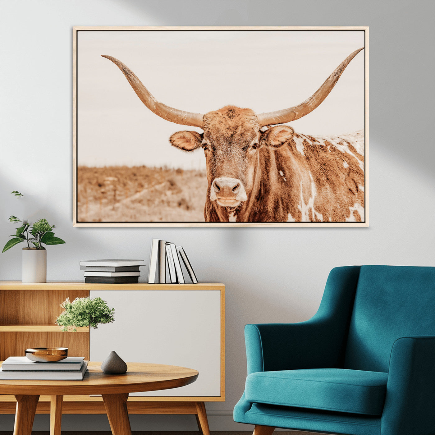 74406977-MGV-CV-36X24-Longhorn Bull Wall Art Canvas Print – Framed Western Cow Rustic Farmhouse Neutral Country Animal Artwork for Home Office