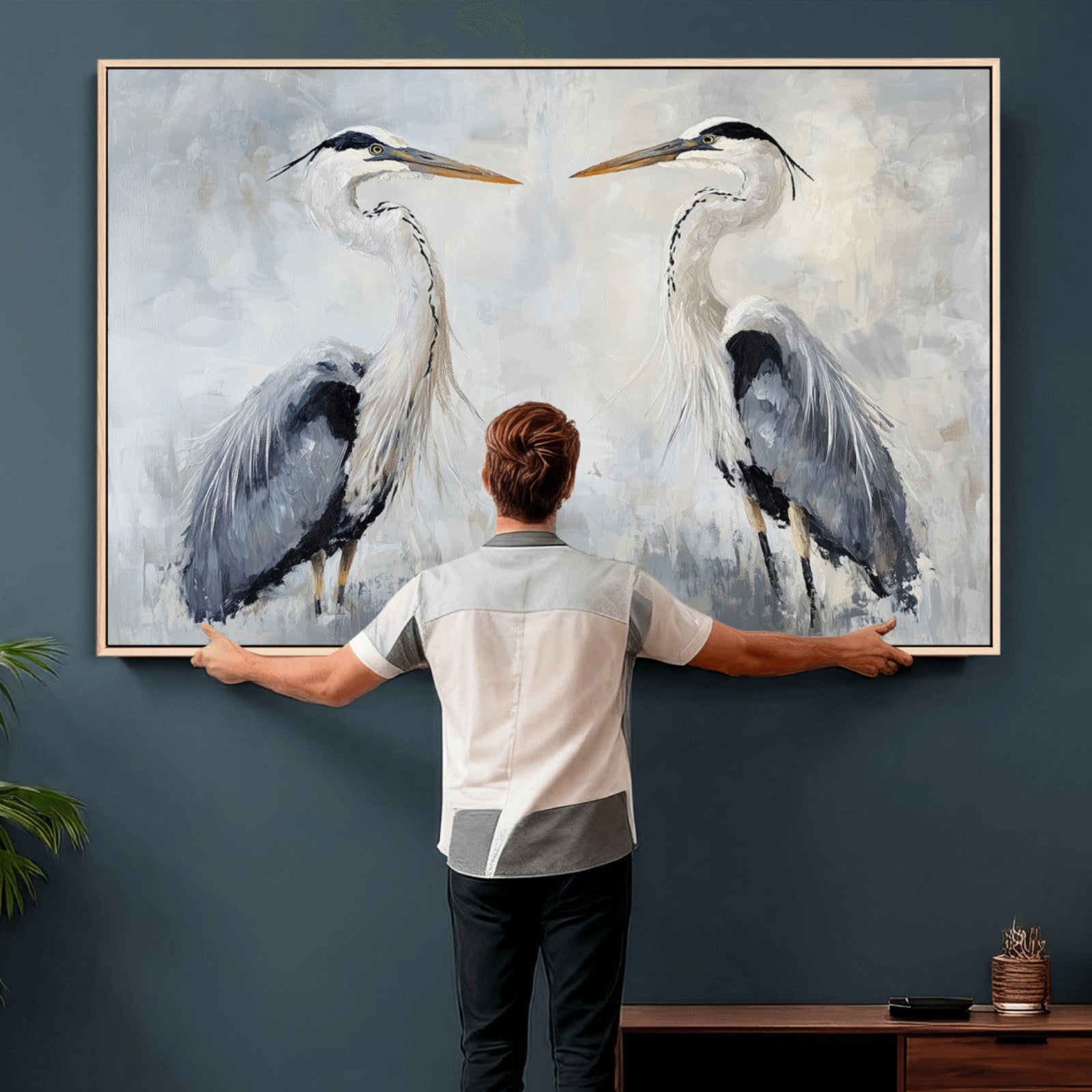 90806932-MGV-CV-36X24 - Heron Wall Art Wall Art Canvas Print, Framed Bird Canvas Decor Art Picture Print, Nature Inspired Perfect Coastal Minimalist Decor Artwork