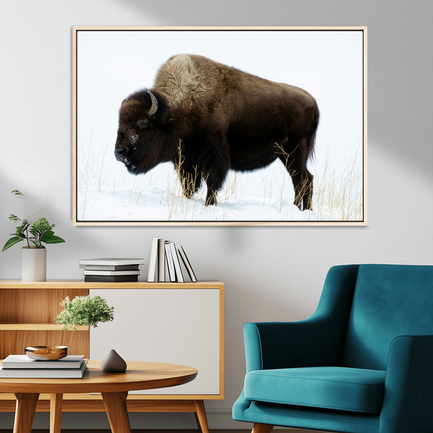 76778120-MGV-CV-36X24-Bison Wall Art Canvas Print – Framed Western Wildlife Buffalo Snow Rustic Nature Scene Artwork for Home Office