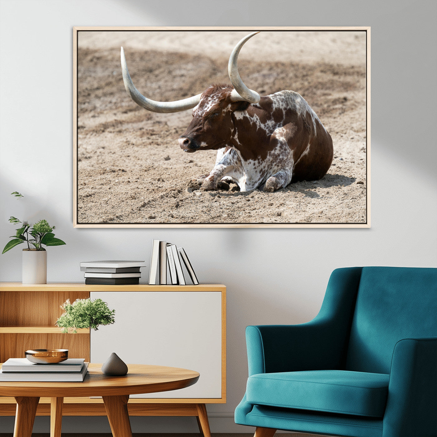 76549210-MGV-CV-36X24-Texas Longhorn Wall Art Canvas Print – Framed Country Living Farmhouse Rustic Cattle Scene Artwork for Home Office