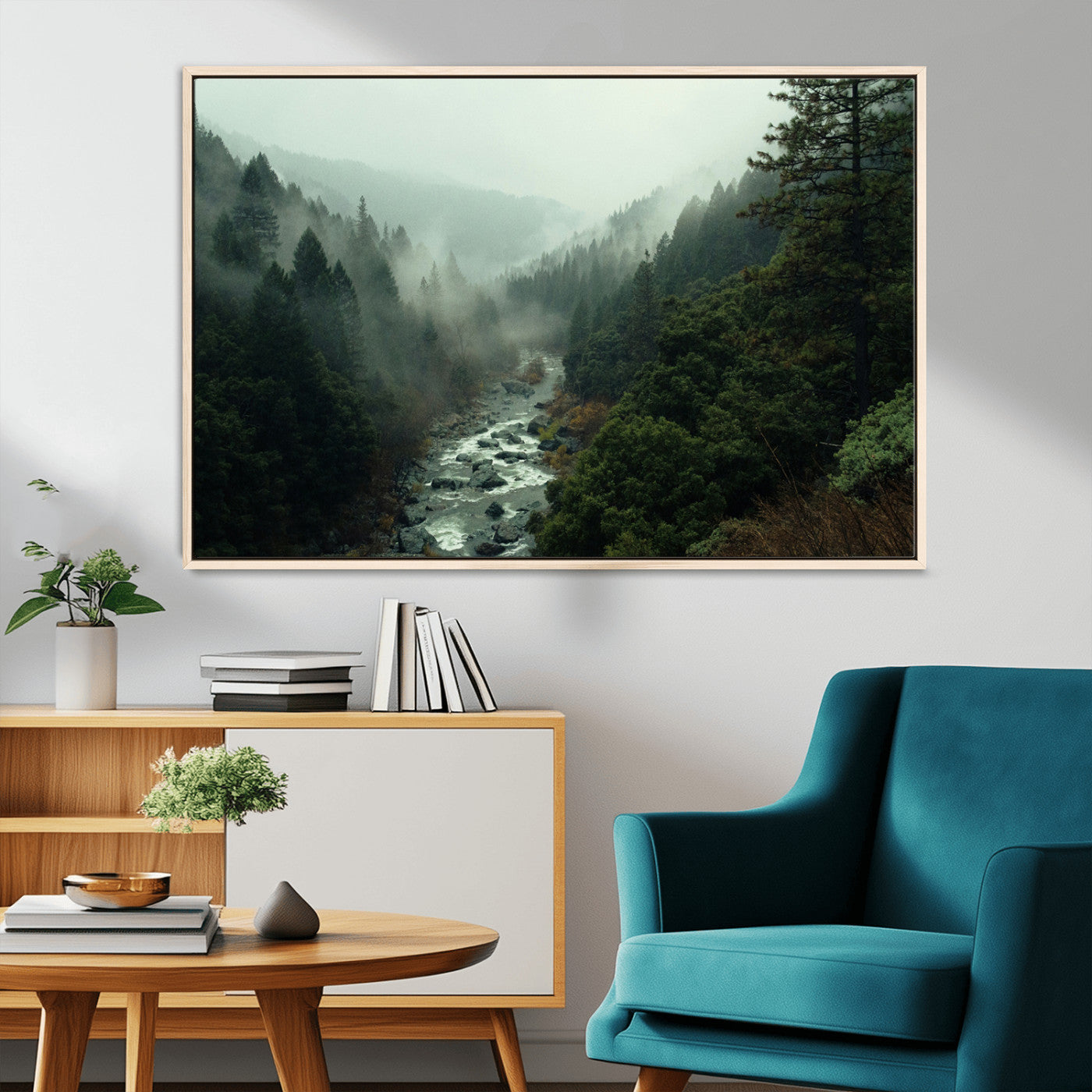 48497565-MGV-CV-36X24-Misty Forest Wall Art Canvas Print – Framed Foggy River Moody Landscape Wilderness Nature Scene Artwork for Home Office