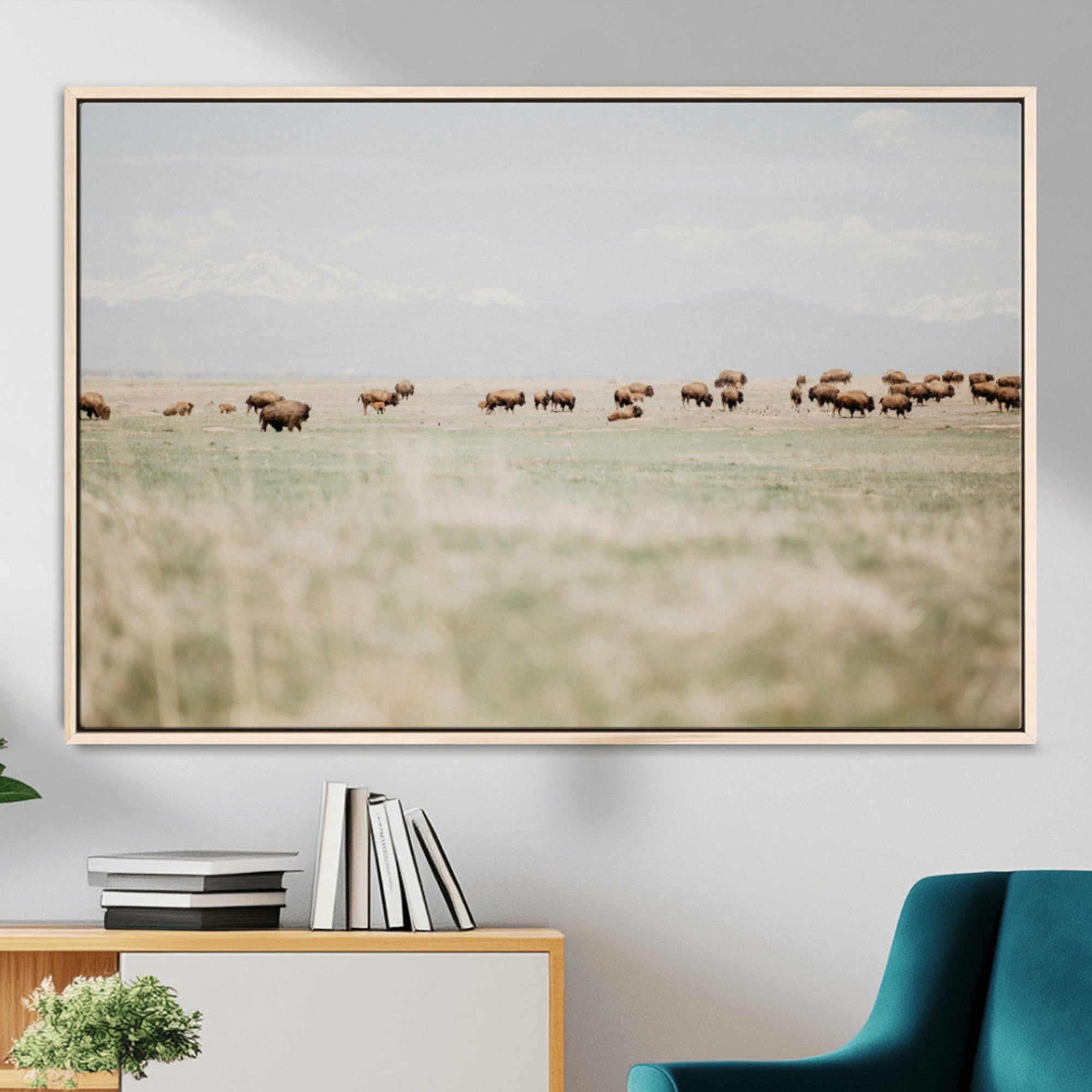 -Bison Herd Wall Art Canvas Print – Framed Western Bison Ranch Nature Scene Artwork for Home, Office, Living Room