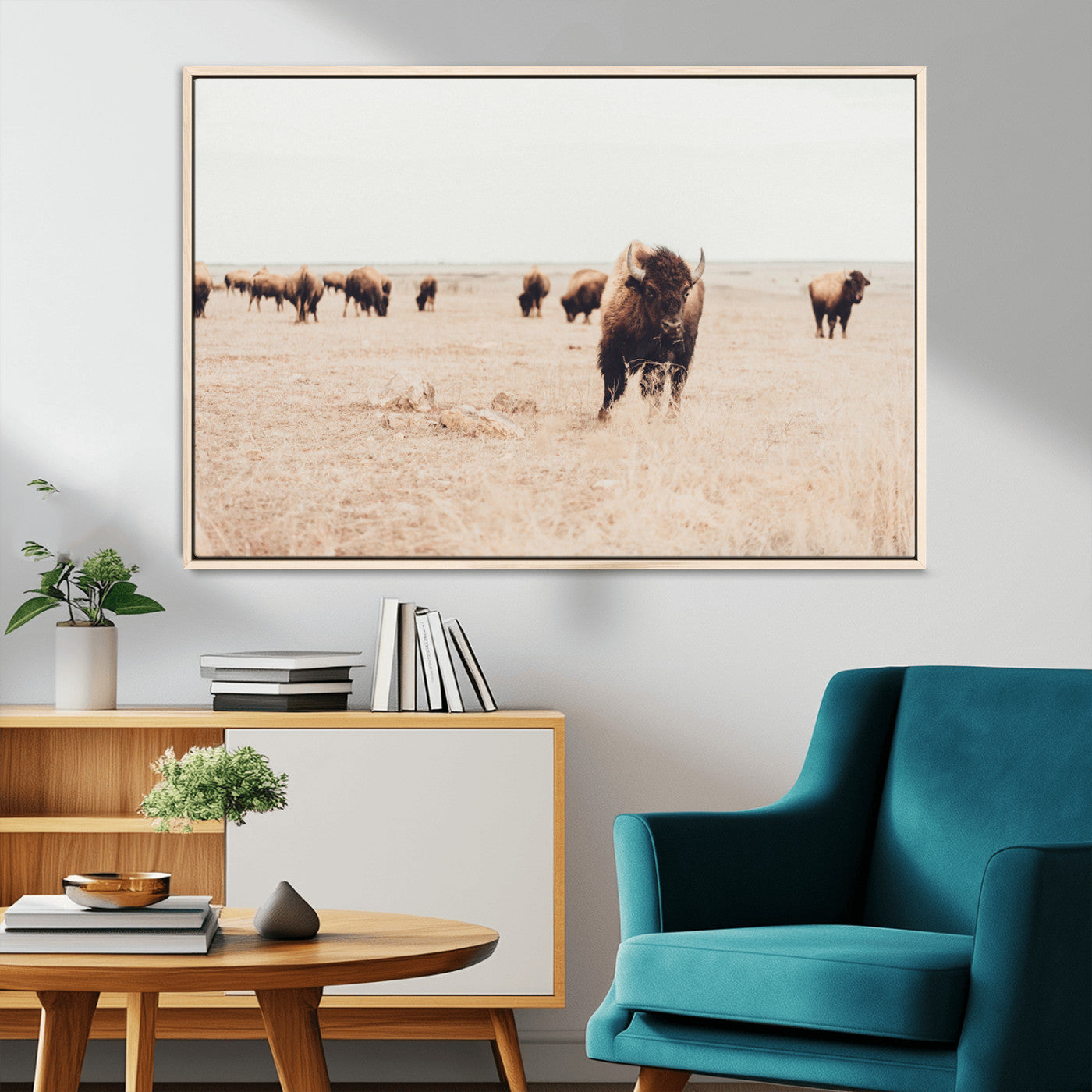61367865-MGV-CV-36X24-Bison Herd Wall Art Canvas Print – Framed Western Prairie Serenity Ranch Nature Scene Artwork for Home Office