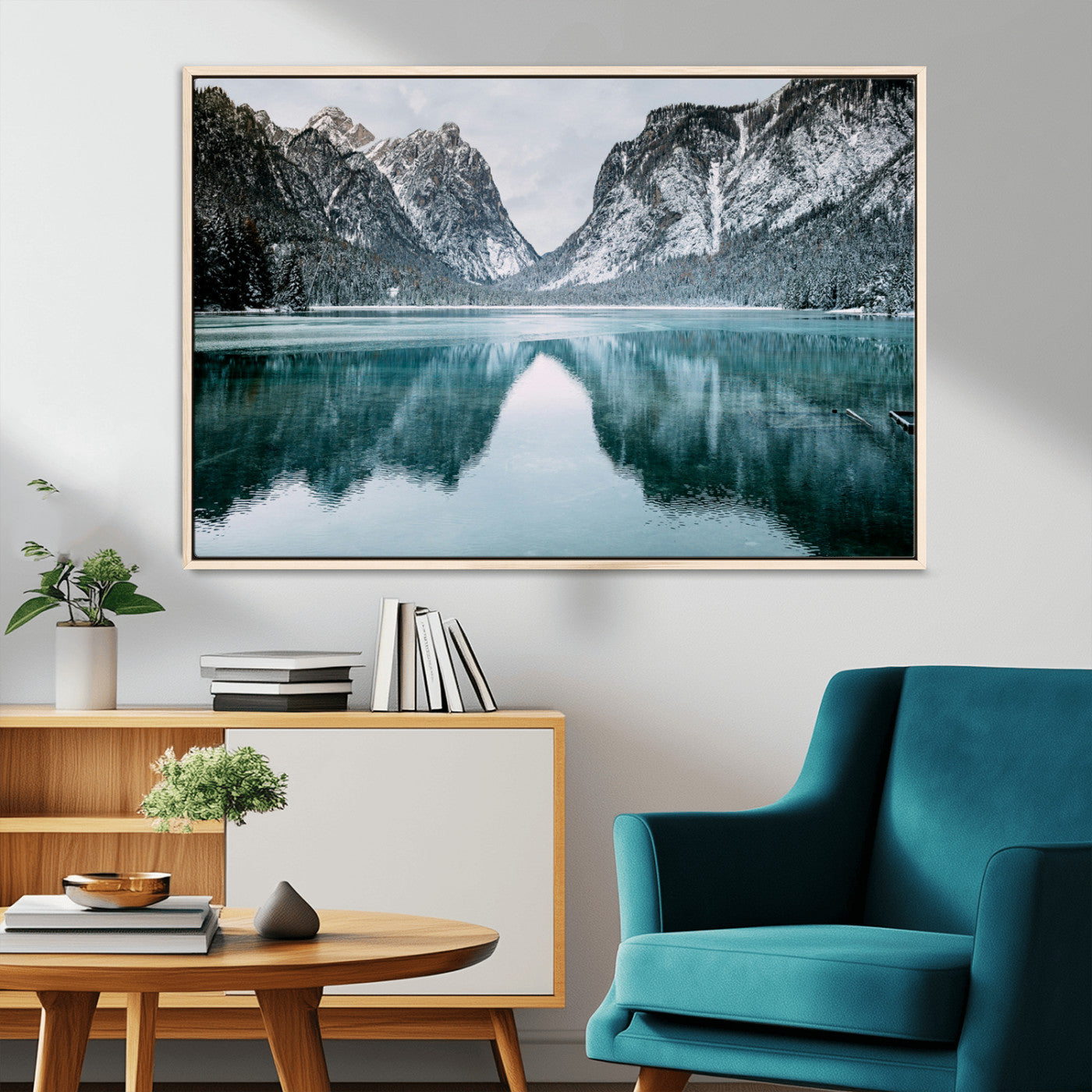 73098373-MGV-CV-36X24-Mountain Lake Wall Art Canvas Print – Framed Snowy Peaks Wonderland Nature Scene Artwork for Home Office