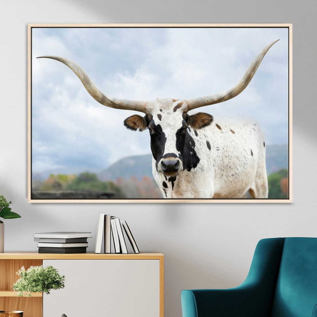 Texas Longhorn Wall Art Canvas Print, Framed Western Rustic Farmhouse