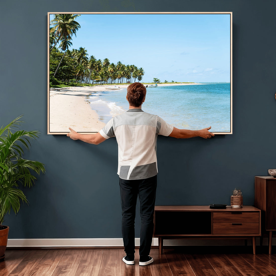 Palm Tree Coast Wall Art Canvas Print, Framed Island Getaway with Crystal Blue Water