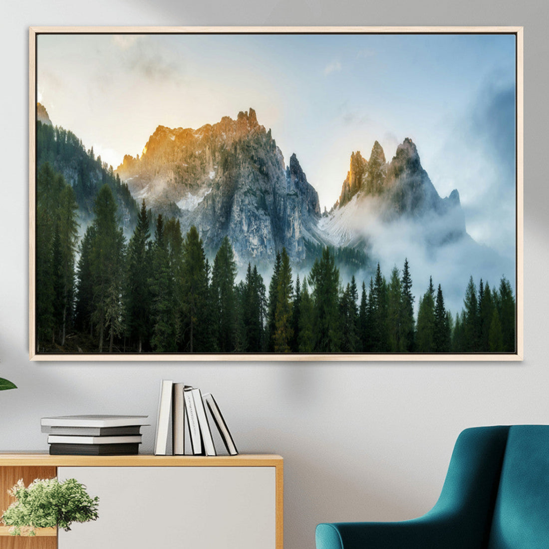 Wilderness Mountain Wall Art Canvas Print, Framed Misty Forest Photography, Nature Landscape Rustic Decor