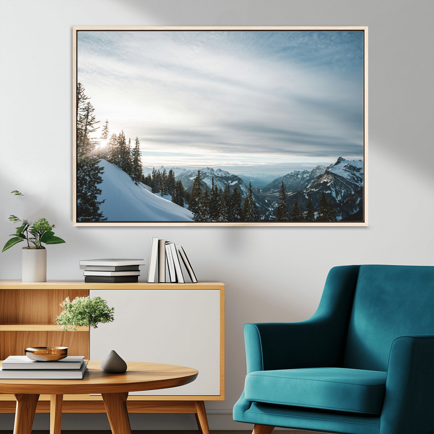 55564749-MGV-CV-36X24-Snowy Mountains Wall Art Canvas Print – Framed Alpine Landscape Frosty Peaks Nordic Minimalist Nature Artwork for Home, Office